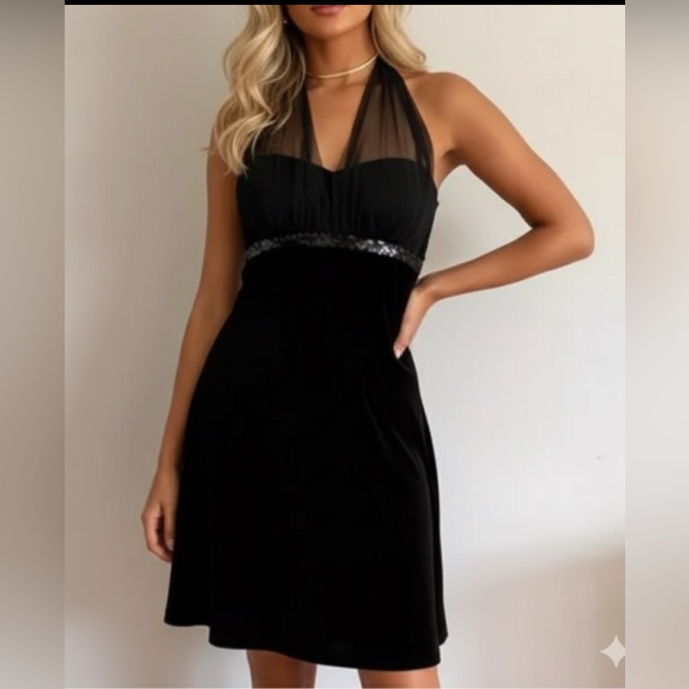 Betsy & Adam Halter Dress Y2K Mesh Halter Empire Waist Party Dress black sequin